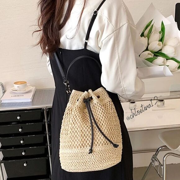 Women's Woven Straw Bucket Drawstring Tote Handbag, Light Brown or Beige - Picture 1 of 12